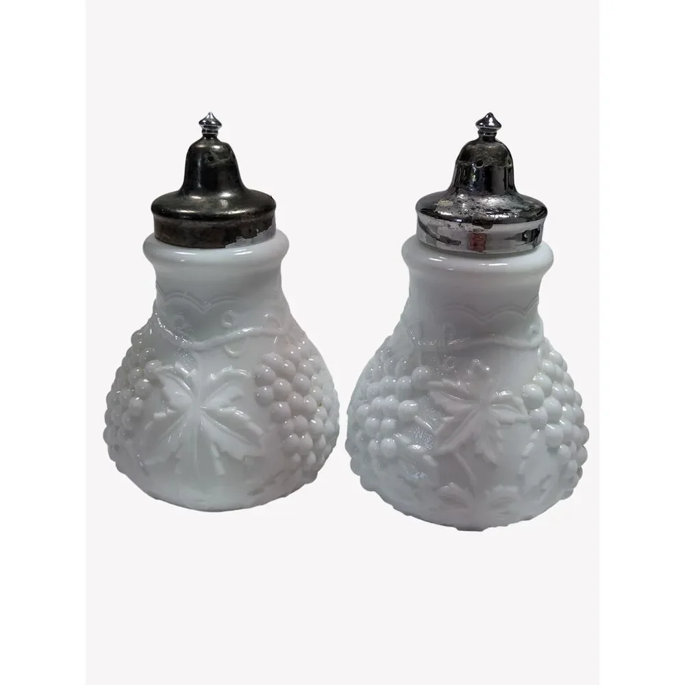 Imperial Milk Glass Grape Vine Salt & Pepper Shakers Larger Size Vintage 1950s